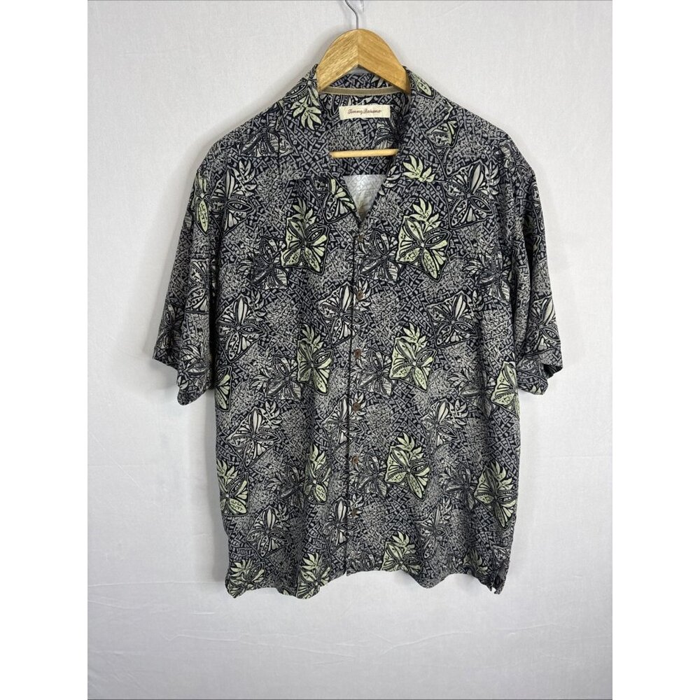 Tommy Bahama 100% Silk Hawaiian‎ Shirt L Blue Green Floral Camp